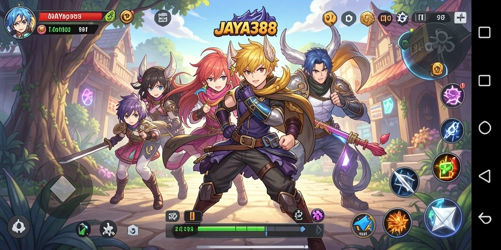 Tampilan gameplay JAYA388 yang menampilkan pertarungan karakter anime.