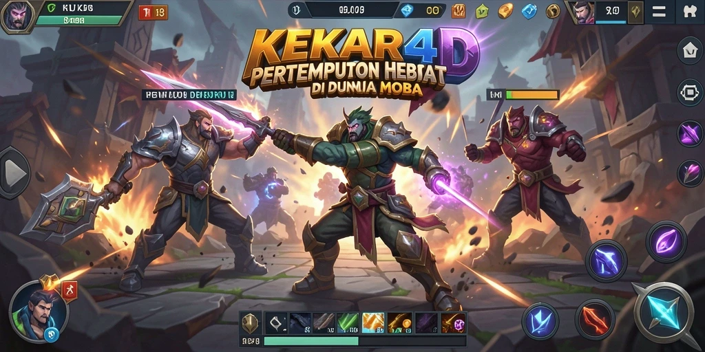 Tangkapan layar utama KEKAR4D menunjukkan pertempuran dinamis di arena MOBA.